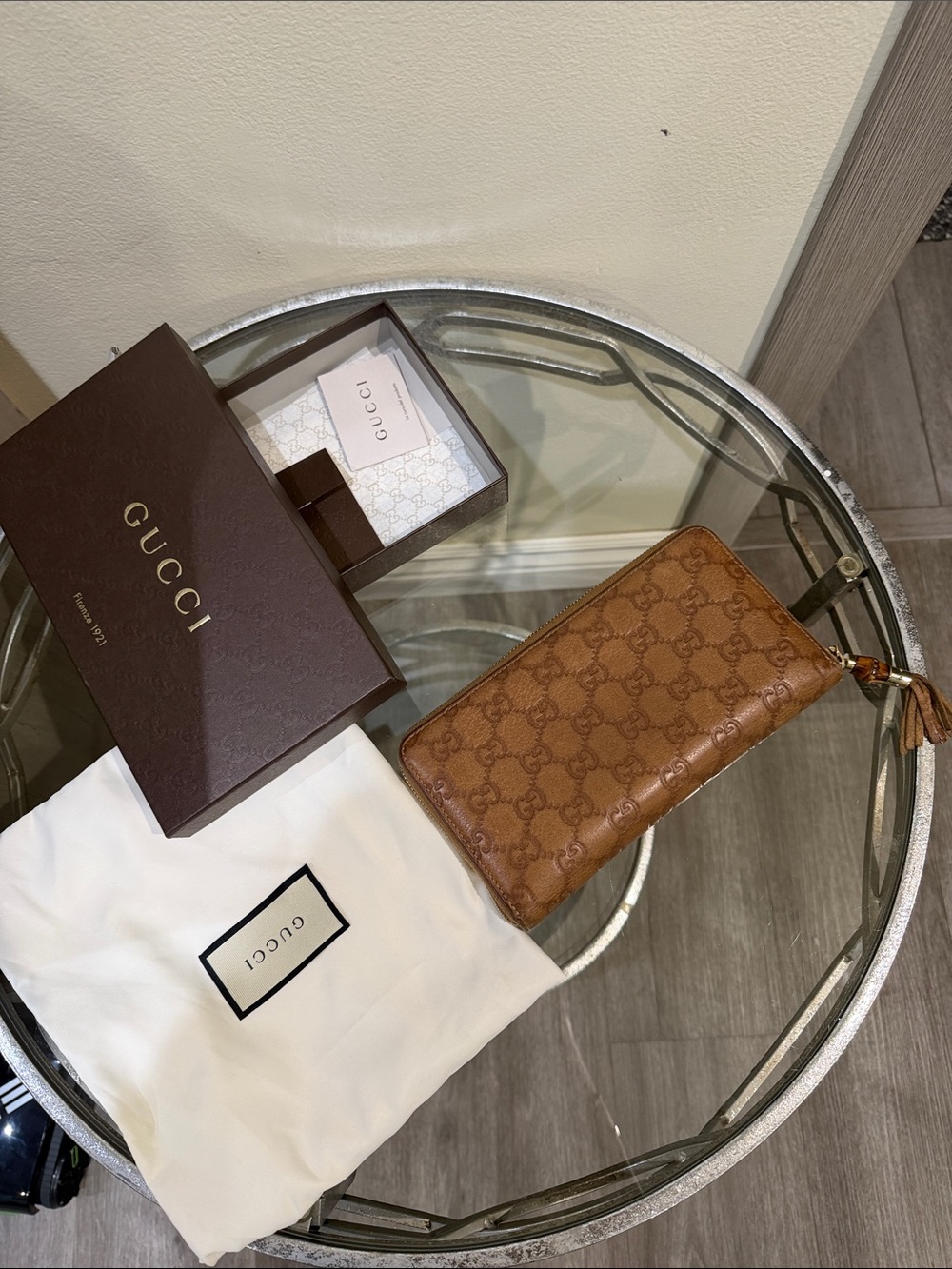 Gucci Tan GG Monogram Zip Wallet with Tassel